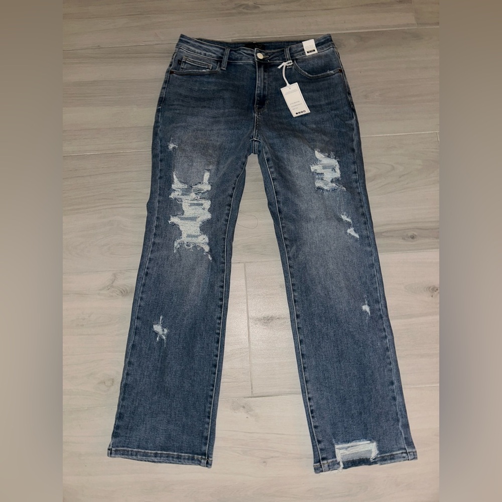 Judy Blue Mid Rise Heavy Distressed Straight Jeans Size 13/31 - Picture 2 of 10